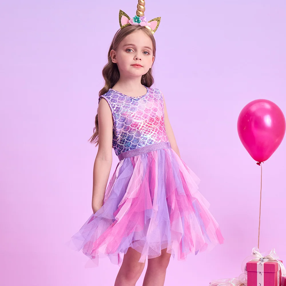 VIKITA Kinder Sommer Ärmellose Kleider Mädchen Meerjungfrauenkleid Mädchen Geburtstagsparty Tutu Mesh Mehrschichtige Kleider Kinderkleidung 3-8 Jahre – Detail 11