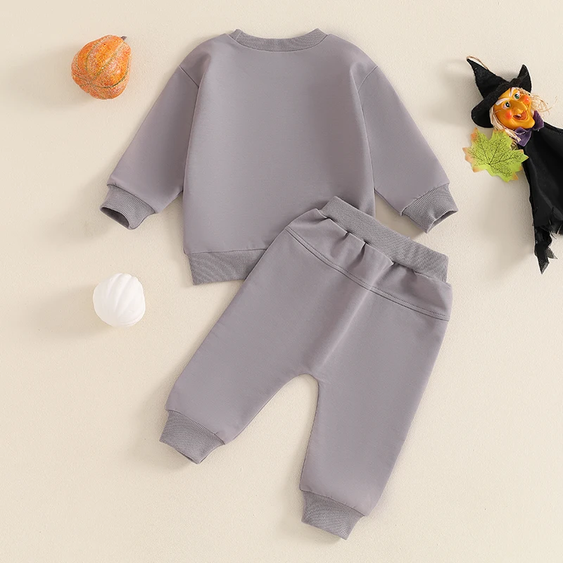 Baby Boy Halloween Track Suit Letter Ghost Print Long Sleeve Sweatshirt and Elastic Sweatpants 2 Piece Clothes