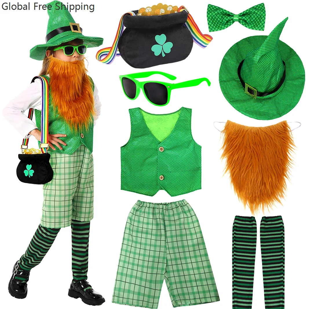 

2025 St. Patrick's Day Children's Performance Costume Irish Four-leaf Clover Cute Boys And Girls Role Playing Pants Vest Set