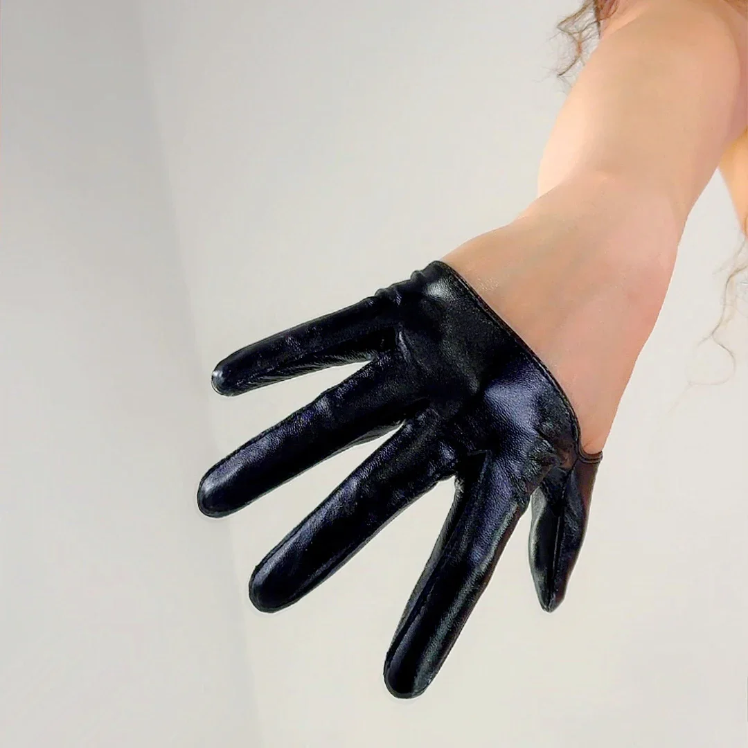 Guantes de media palma para mujer, 13cm, ultracorto, cuero auténtico, TECH, piel de oveja auténtica, aceite, dedo negro brillante, guantes para conducir en motocicleta