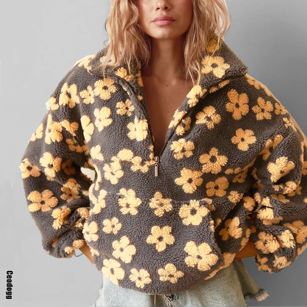 

Thicken Women Polar Fleece Flower Blossoms Shrink Buckle Sport SweaterShirt Loose Warm Stand Up Collar Zipper Running Top XP348
