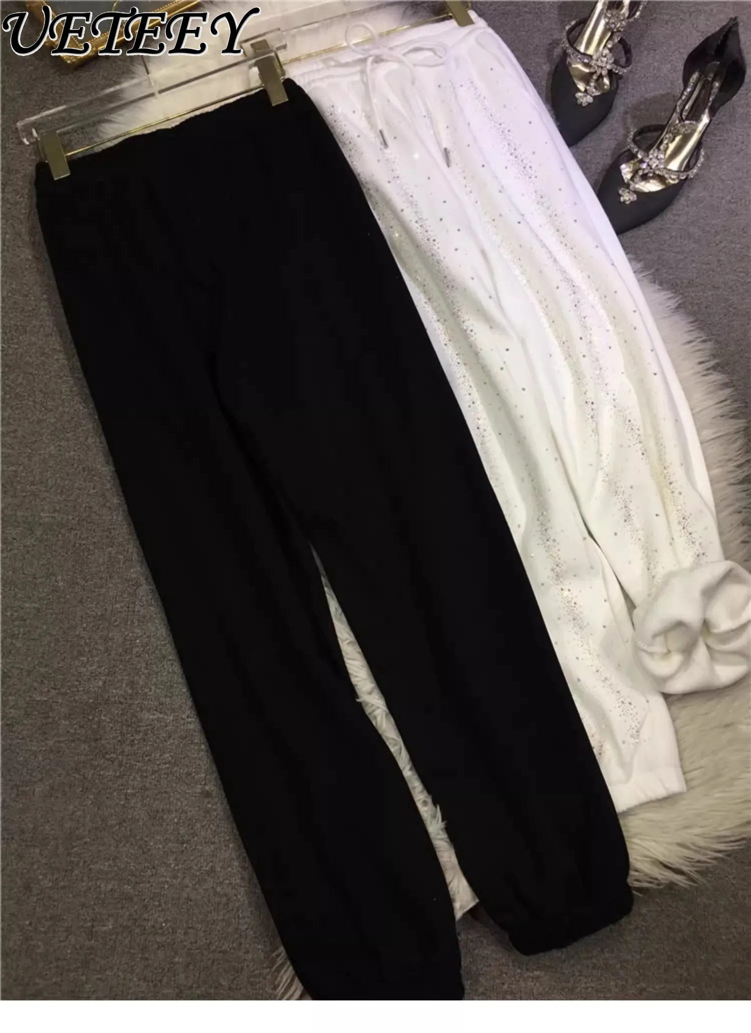 Oversize European Heavy Industry Hot Diamond Loose Sweatpants Women's Velvet Thickened High Waist Thin Sports Pants