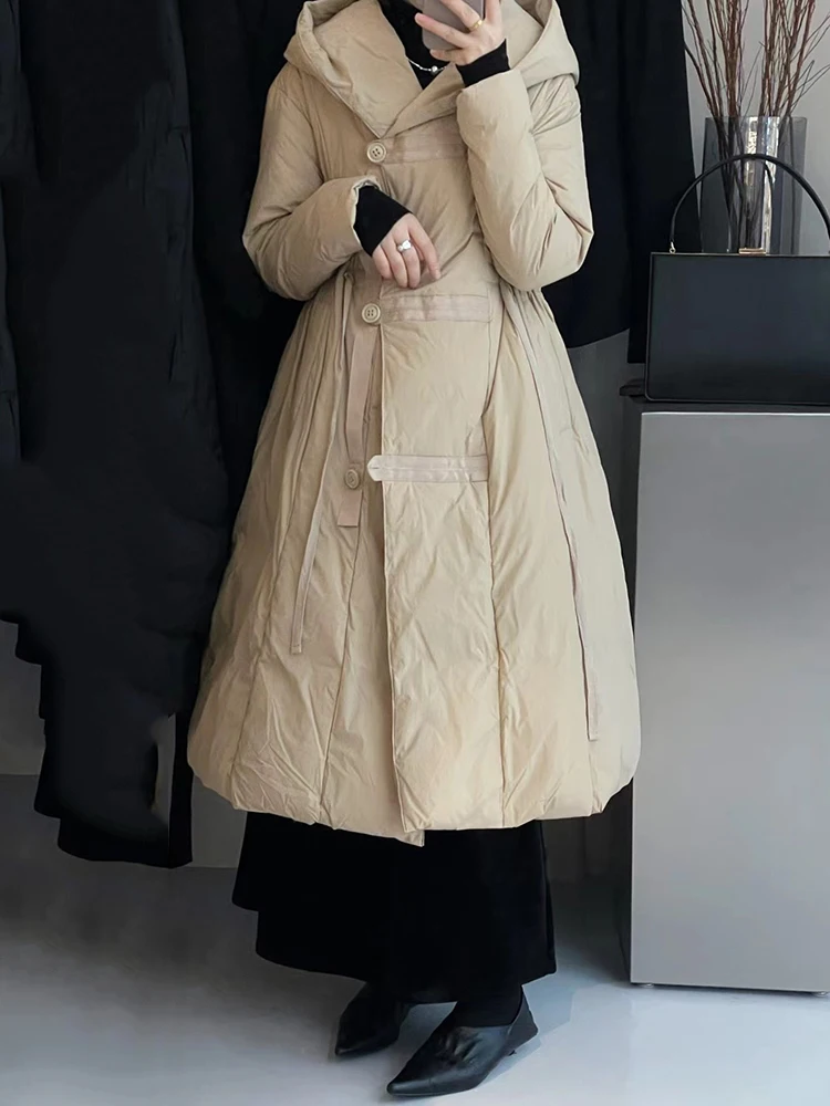 الشتاء فضفاض مقنعين الدافئة أسفل سترة الإناث الرباط طول الركبة السترات النساء الأبيض بطة أسفل رشاقته الصلبة باركر أبلى #2
