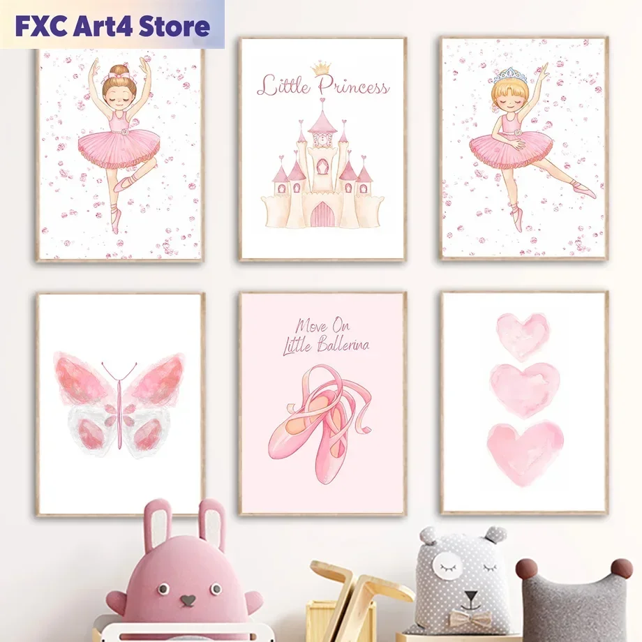 Pósteres personalizados sin marco con nombre en color rosa, impresión de zapatos de princesa de ballet, arte de pared con castillo y mariposas, pintura en lienzo, decoración para habitación de niños