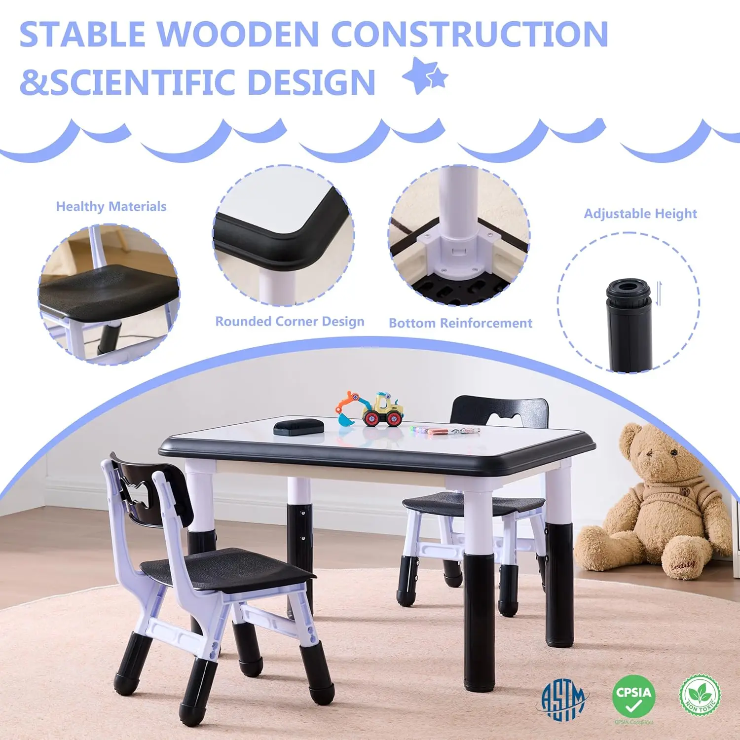 طقم طاولات وكراسي للأطفال (كرسيين)، طقم طاولة وكرسي للأطفال الصغار قابل للتعديل الارتفاع للأطفال من سن 3 إلى 8 سنوات مع سطح مكتب جرافيتي، تعلم