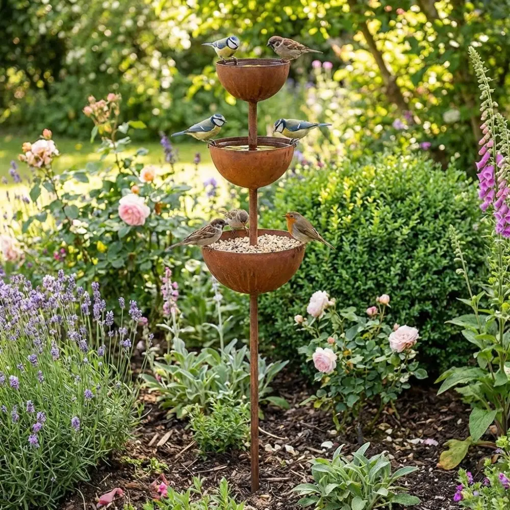 3-Tier Bowl Metal Bird Bath Rusted Decorative Bird Water Dispenser Garden Stake Vintage Iron Birdbath Stand Patio Backyard