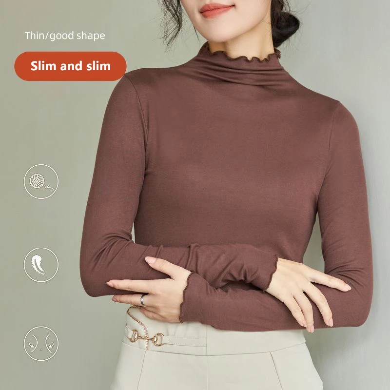 Half Turtleneck Bottom Shirt Women's Autumn Winter Wooden Ear Side Long Sleeve T-shirt Warm Slim Style With A Crew-neck Blouse