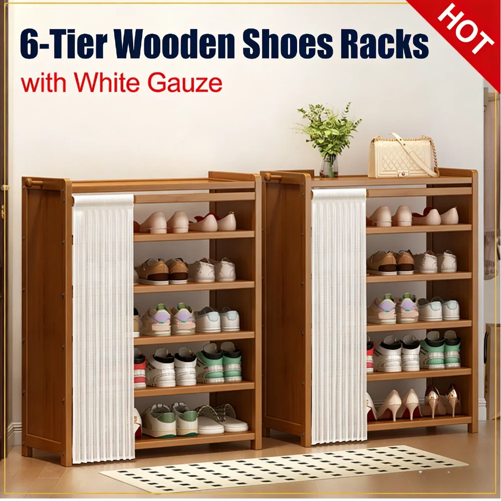 

6-слойный пылезащитный органайзер для обуви, деревянный шкаф с белой сетчатой занавеской, многоярусные полки для хранения в прихожей, гостиной, на входе