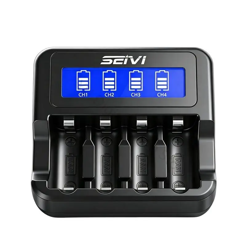 96BA 16340 Rechargeable Battery Dock with 4 Charging Bays, LCD CH1 to CH4 Screen and USB C Cable Input for Desk Charging and
