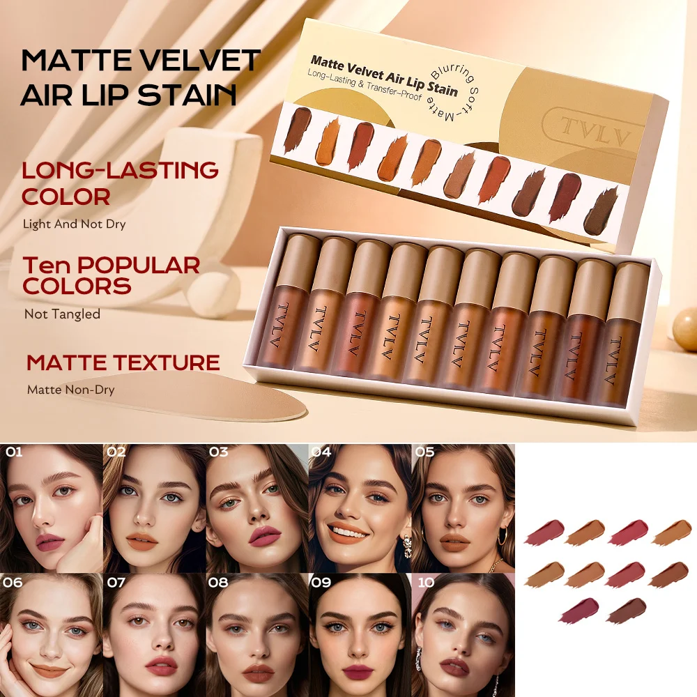 Matte Velvet Air Lip Stain Set - Long-Lasting Transfer-Proof, 10 Shades Soft Matte Lip Color