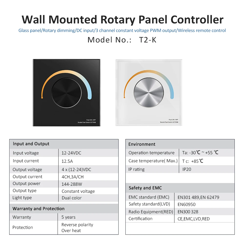 CCT LED Wall Mounted Controller Painel de Botão Rotativo Dimmer Temperatura de Cor Fita Branca Dupla, SMD 5050, 2835, 12-24V