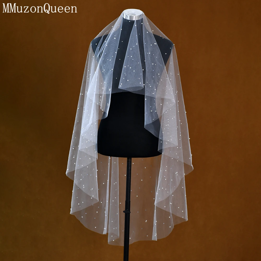 

MMQ Classic Pearl Rhinestones Embellishments Bridal Veil Wedding Accessories No Hair Comb White Soft Tulle Ladies Dinner M62