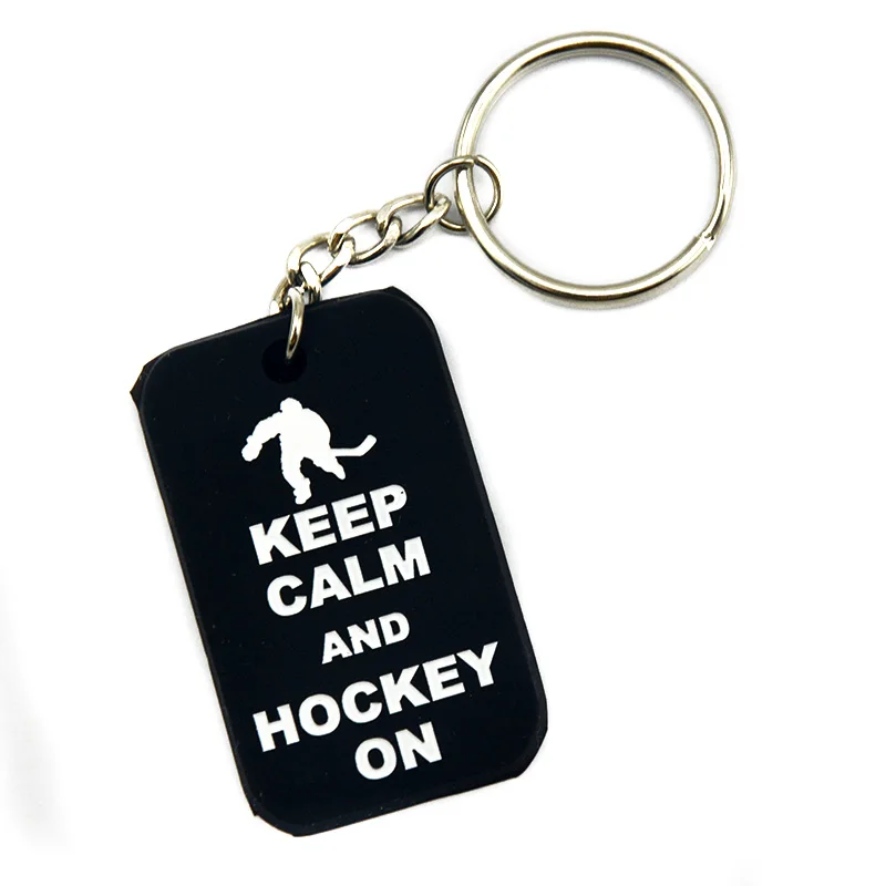 25 Pcs Keep Calm and Hockey on Silicone Dog Tag Keychain Motivational Logo Key Ring Black and Red