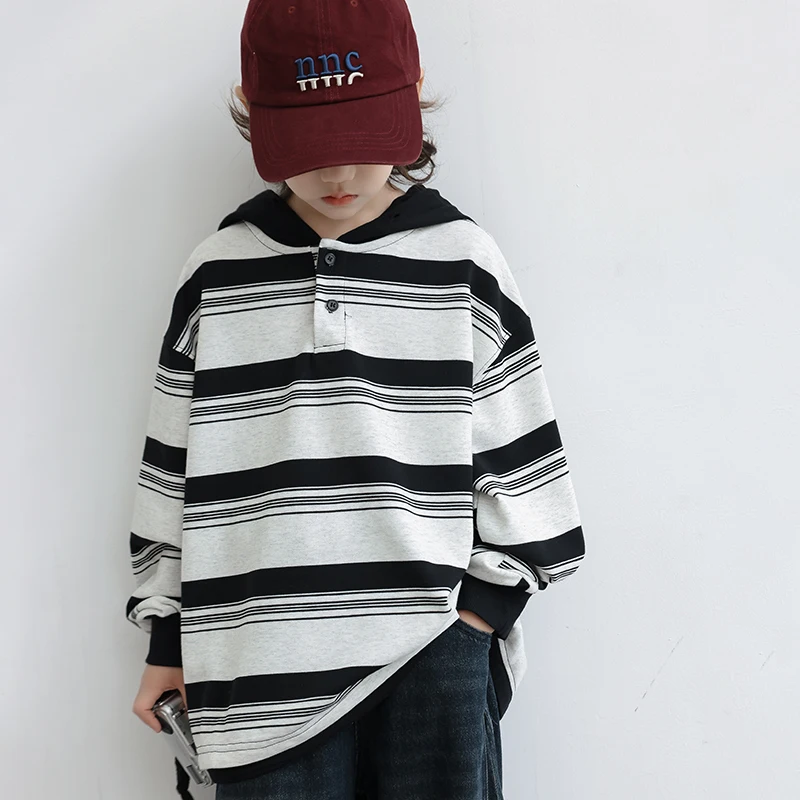 

New Autumn Children Fashion Striped Polo Hoodie Sweatshirt for Teenage Boy High Street Cool Clothing Kids Stylish Hooded Tee Top