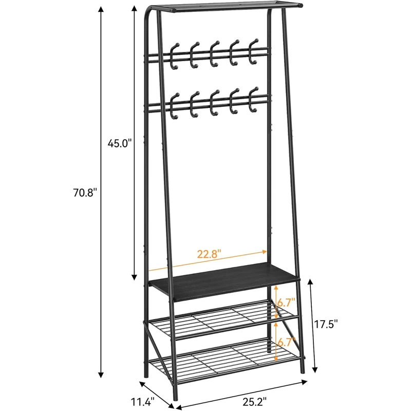 Coat Rack Hall Tree with Shoe Storage Bench, 4-in-1 Entryway Organizer Featuring 5/10 Hooks and 3 Tier Shoe Rack, Durable Metal Frame, Freestanding Storage Unit for Hallway view 3