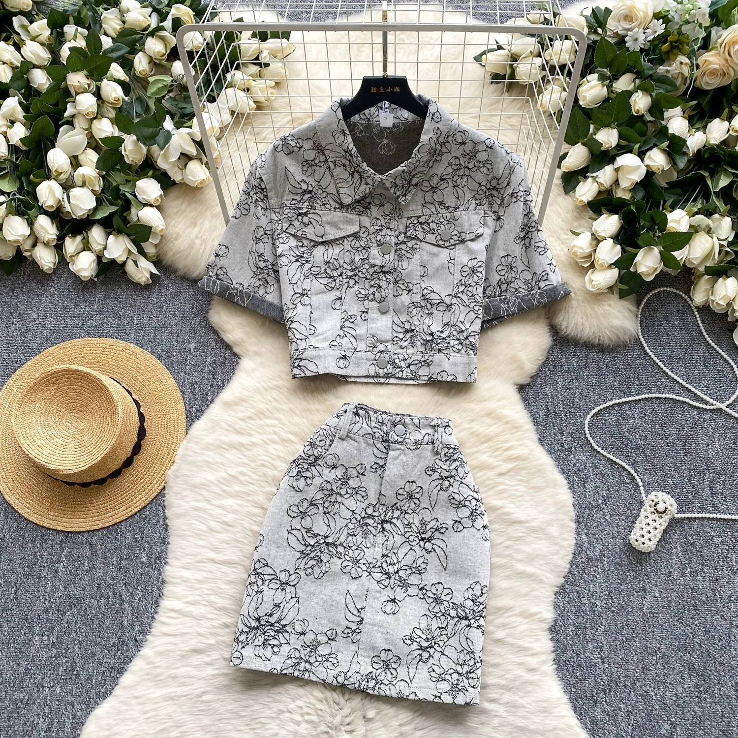 

Embroidered Denim Set For Women - Short Crop Tops With Exposed Belly + High-Waisted Slimming Skirt