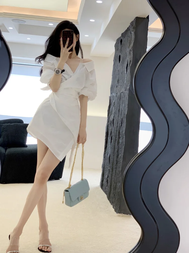 Elegant White Asymmetrical One-Shoulder Shirt Dress Women's Sexy Summer Pure Desire Short Skirt Polo Collar Long Sleeve Dress