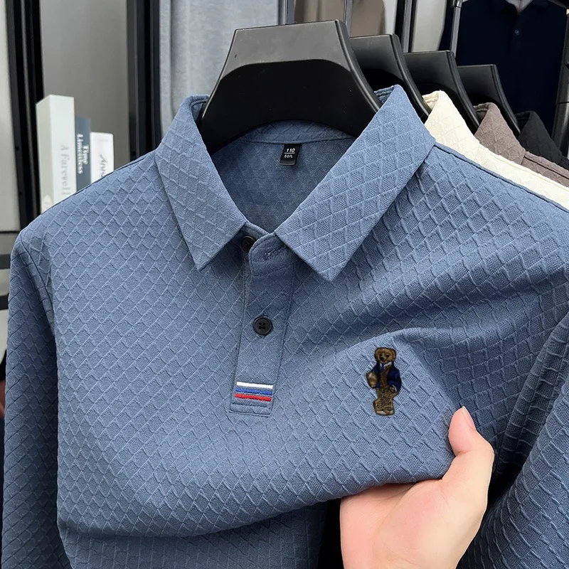 Luxuriöses Qualitäts-Herren-Poloshirt für den Herbst, Einfarbig mit Original-Aufdruck, Langarm-T-Shirt mit Kragen, Business-Casual Herrenbekleidung
