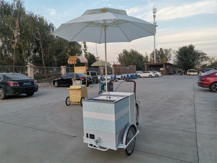 Man Power 3 Wheel Tricycle Ice Cream Bike Street Mobile Ice Cream Cart For Sale With Umbrella Electric Cargo Tricycle Food Truck