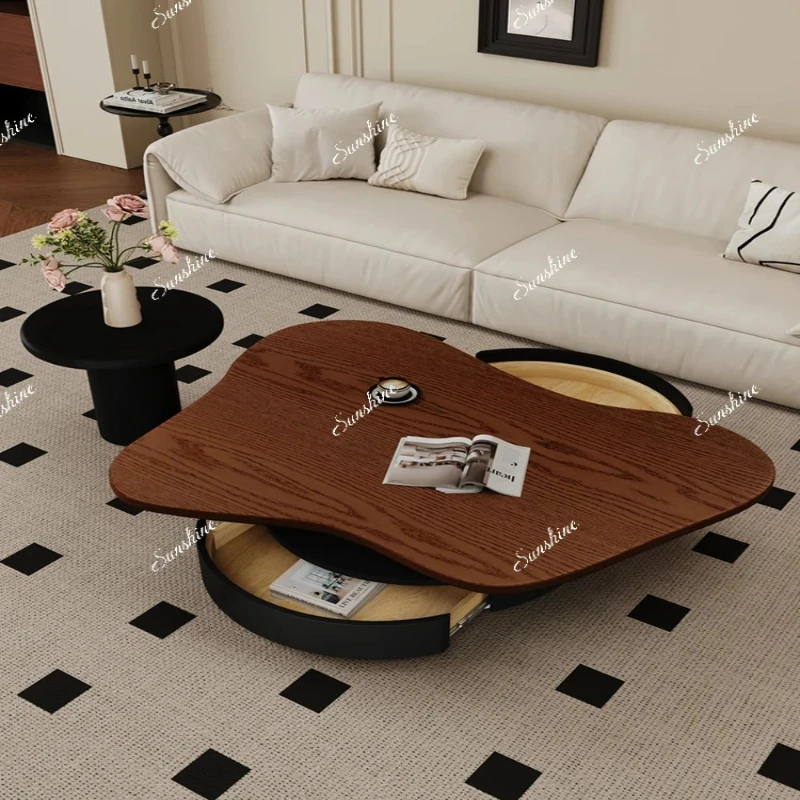 

Medieval style special-shaped living room household small apartment walnut leather creative coffee table combination