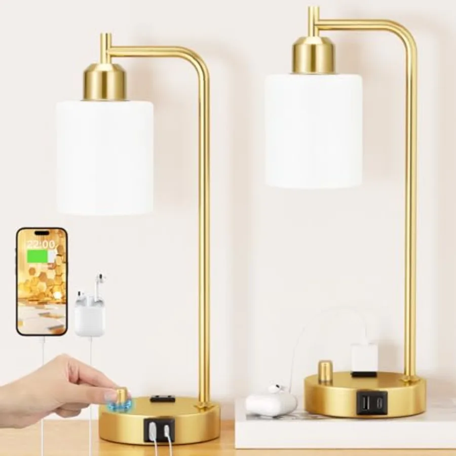 

Industrial Table Lamps for Bedroom Set of 2 - Fully Dimmable Bedside Lamps with USB Ports and Outlet Gold Nightstand Lamps with
