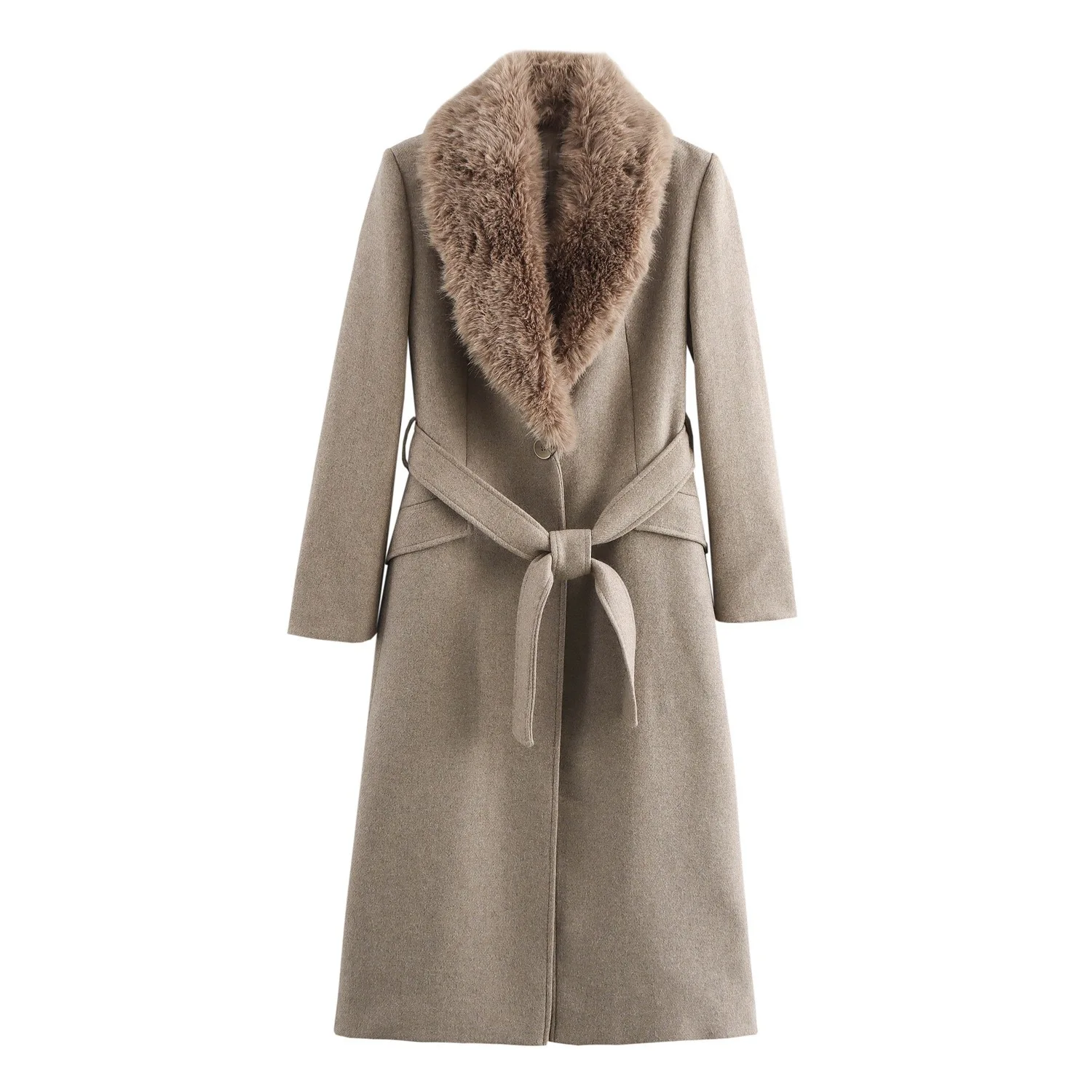 2024 Winter New Women's Faionable Woolen Coat Medium Length All-Match Fur Collar Outerwear Long Sve Commute Sle