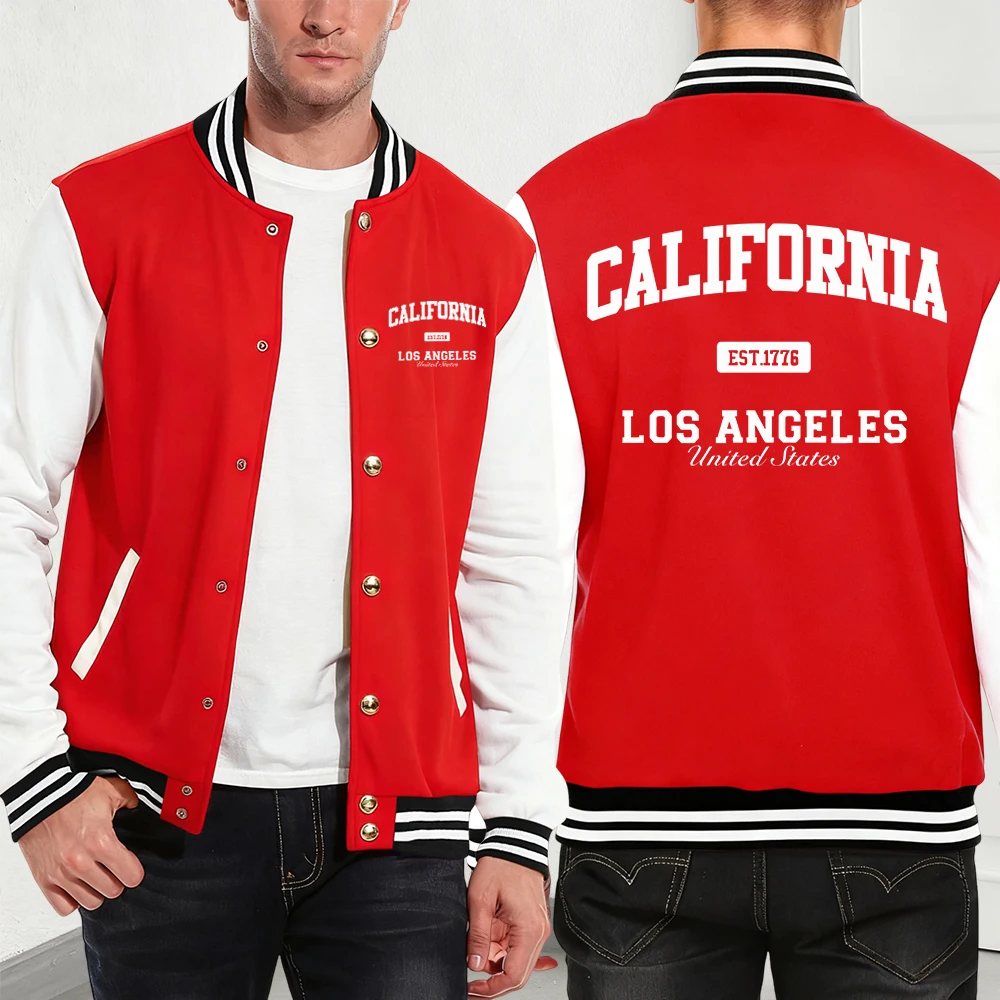 

California Los Angeles Printing Cotton Coats Mens Winter Fleece Warm Jackets Basics Pocket Baseball Jersey Sporty Men'S Tops