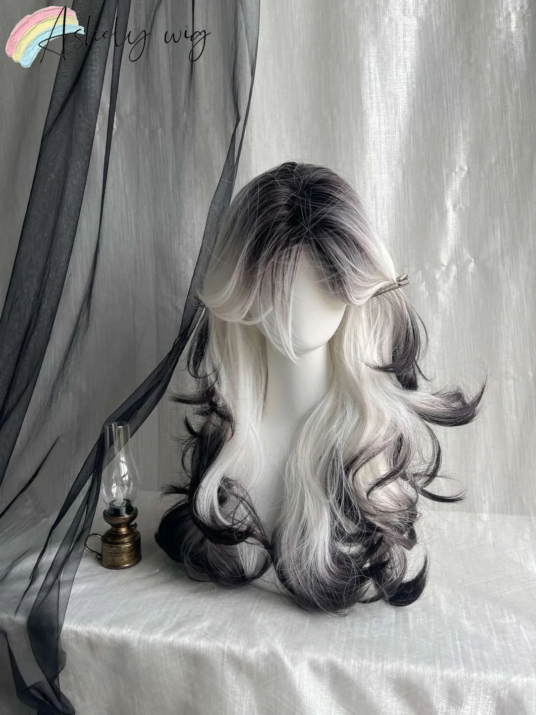 Black White Ombre Long Wavy Wig for Women, Natural Middle Part Large Curly Headband Wigs Cosplay Synthetic Wig Daily Cosplay
