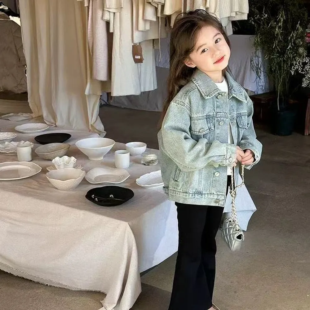 

2025 New Spring And Autumn Children Fashion Denim Jacket Girl Blue Turn-down Collar Single Breasted Coats Kids Outwear 100-150CM