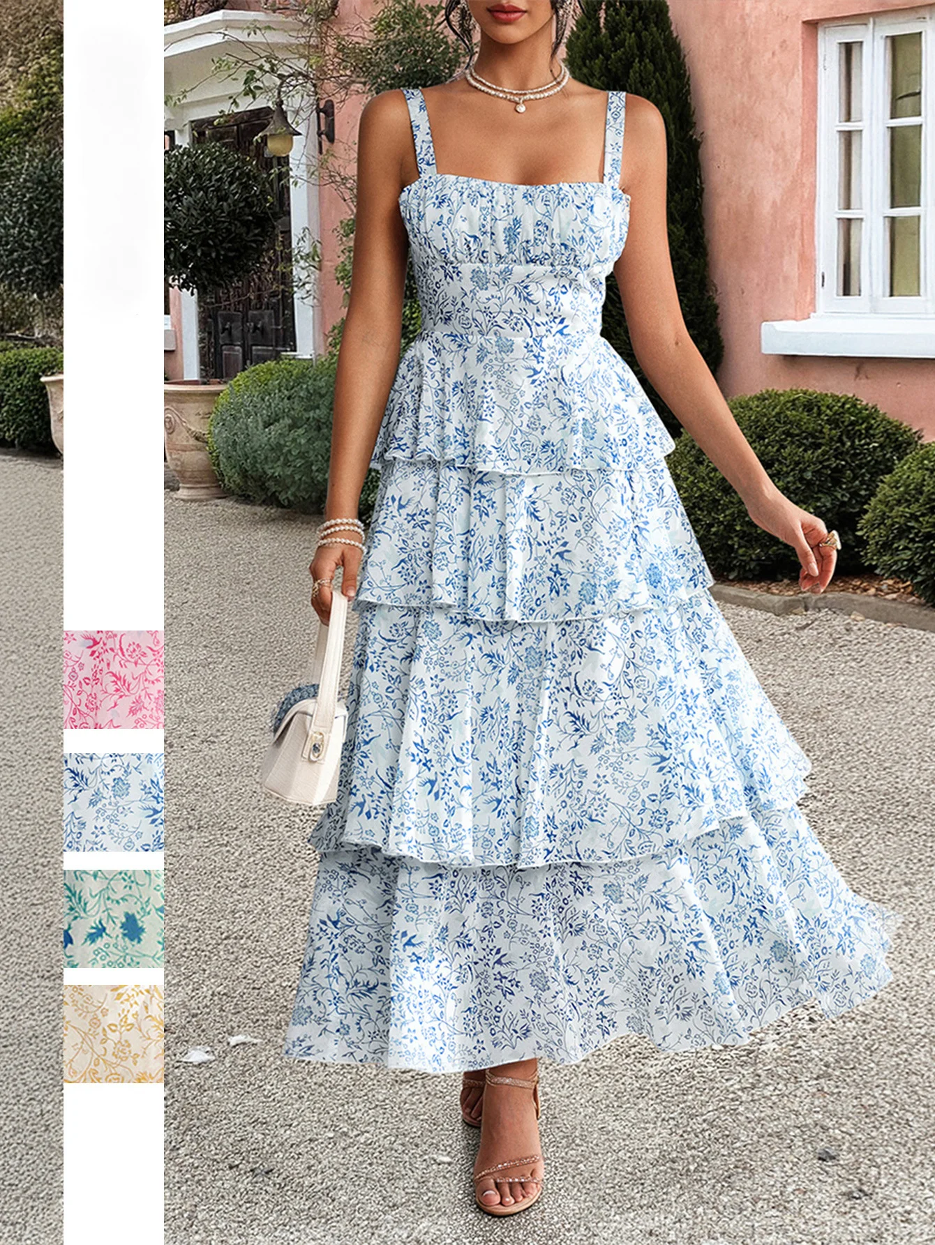 Feminino elegante floral suspender bolo vestido temperamento viajando roupas femininas verão moda feminina cintura alta vestidos de linha a