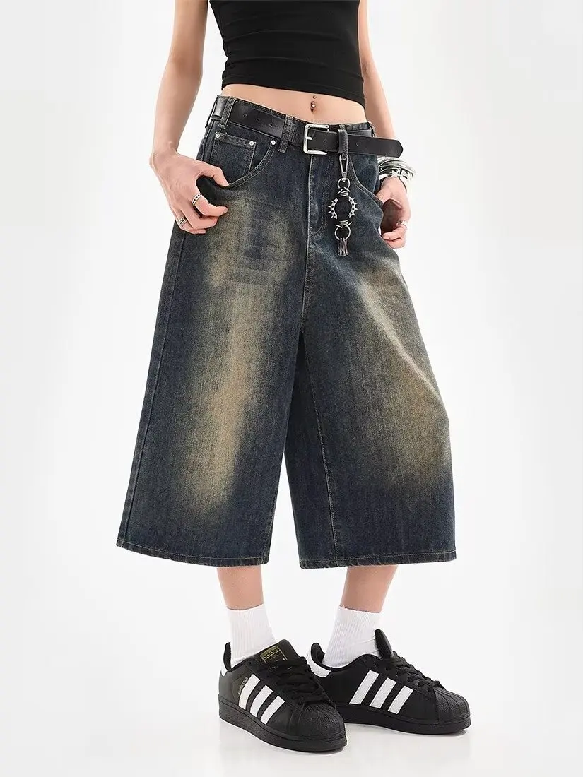 

Blue High Waist Wide Leg Seven-Five Jeans Women Summer New plus Size Pear Shape Slim Straight Mid-Calf Length Denim Pants