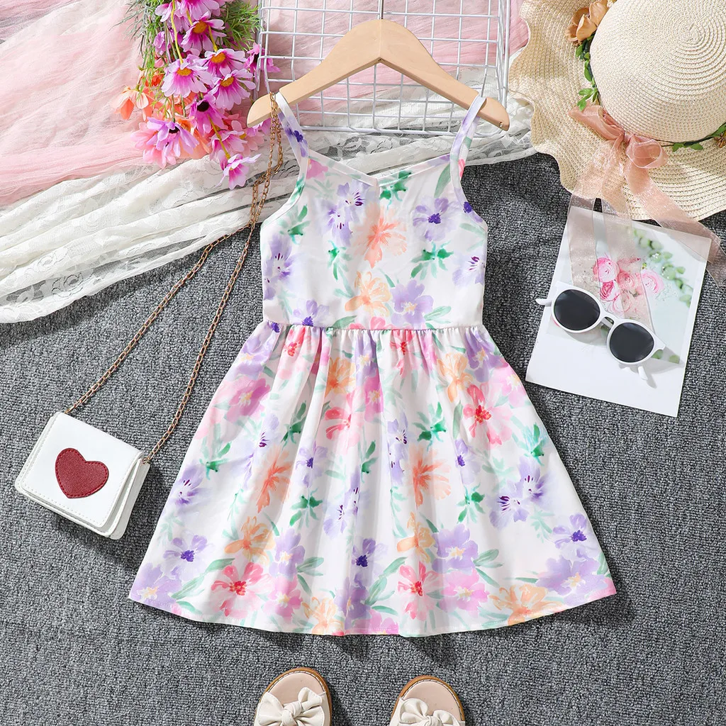 Dress for 1-8 Years Kids Girl Sleeveless Purple Floral Print Sling Dress Leisure Party Wedding Clothing Fashion Summer Clothes