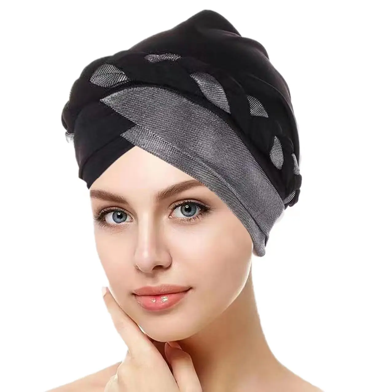 Crossed Forehead Muslim Hijab Caps Women Wrap Head Ramadan Soft Elastic Ladies Fashion Color Block Turban Bonnet