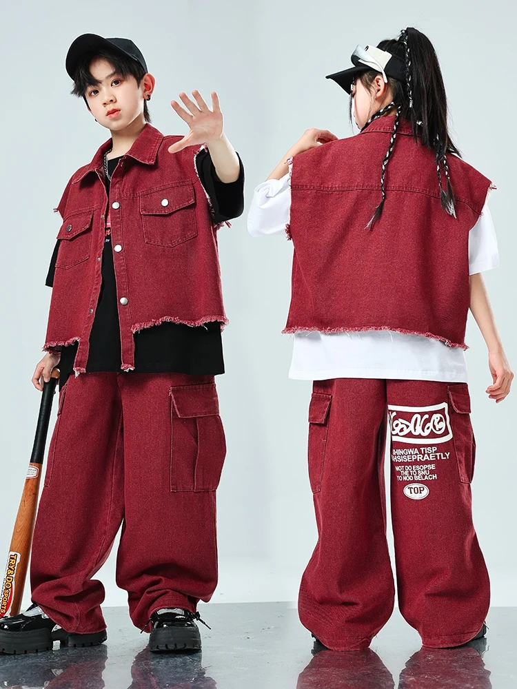 Ballroom Hip Hop Dance Clothes Kids Jazz Costume Burgundy Vest Pants Girls Suit Loose Street Dance Perforamnce Outfit Boy L12972