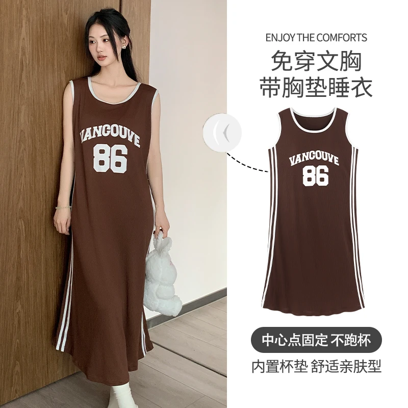 

Summer Knited cotton nightgown female vest nightdress with chest pad