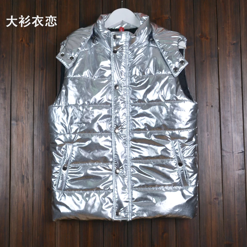 

Мужской хлопковый жилет большого размера с лазерной резкой, яркая поверхность, серебристый цвет, осенне-зимний модный тренд, молодежный стиль, на молнии