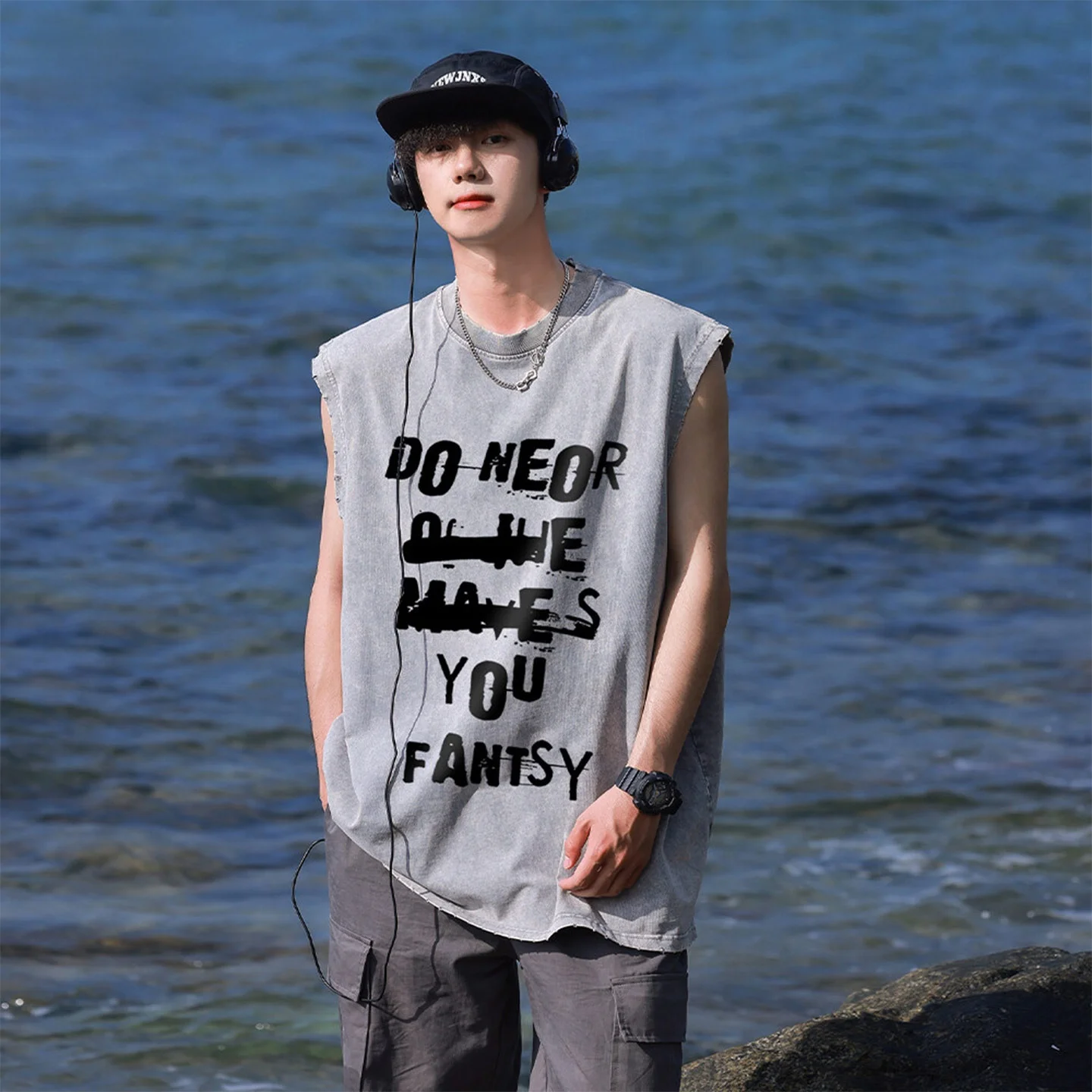 

Waed Vintage Sports Vest Men Summer Trendy American Sle Loose Heavyweight round Ne Svel T-irt Casual Bal