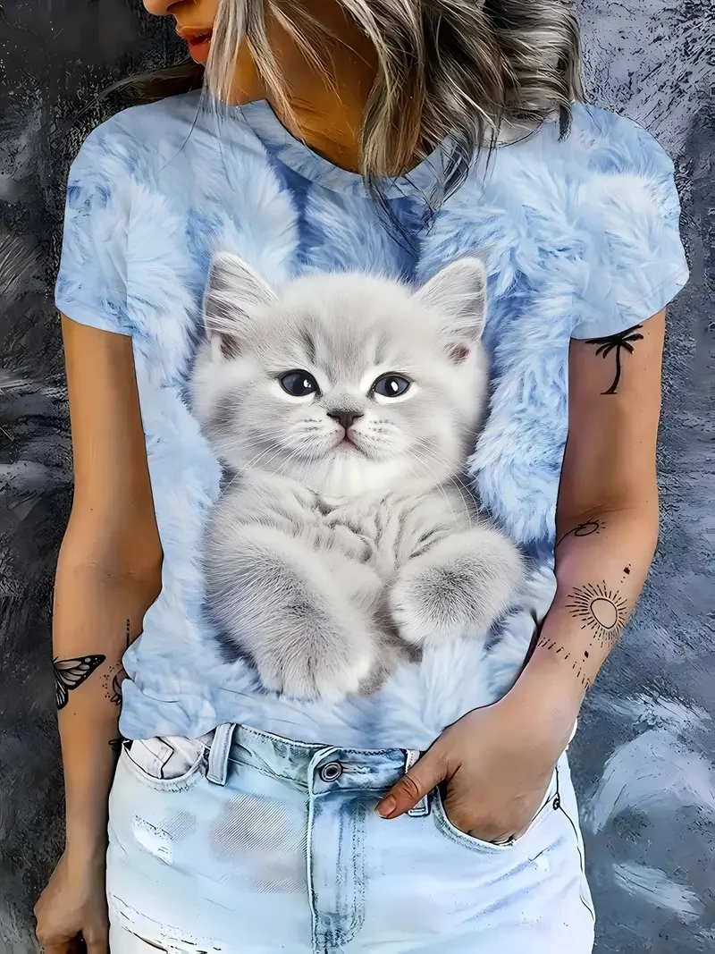 

Women's Plus Size 3D Cat Printed Short Sleeved T-shirt,loose and Casual,soft,comfortable and Breathable, Suitable Outdoor Sports