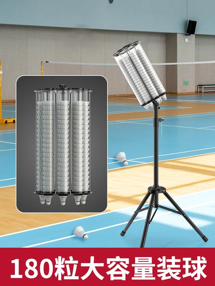 Badminton coach serves with an auxiliary stand, and the barrel holds a large amount of balls, which can be adjusted for height