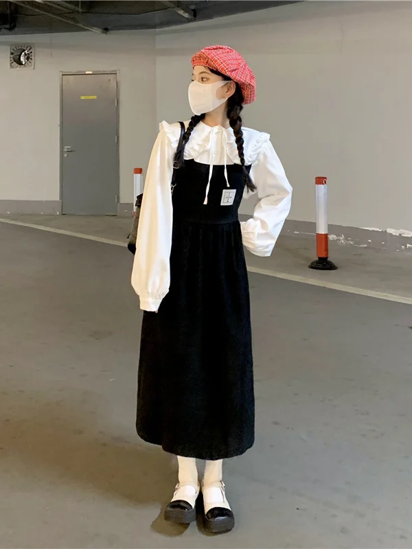 

plus Size Autumn Winter Plump MM Waist Cinching Slimming Vintage Overalls irt Long Sve Two-Piece Set Dr Casual Sle