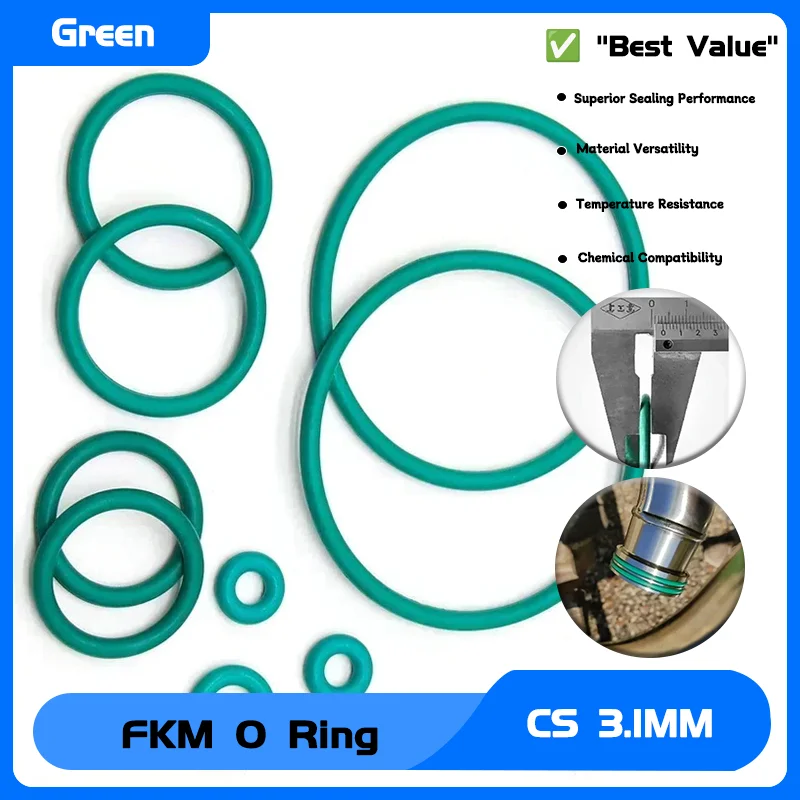 

10/50pcs CS 3.1mm OD 10~70mm Green FKM O Ring Sealing Gasket Oil Resistant High Temperature Resistance Fluorine Rubber O Rings