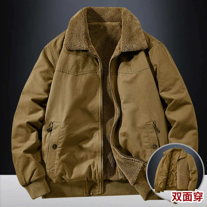 

Winter Men's Wool Fleece Jacket Casual Cotton Bomber Coat Khaki Thermal Warm Windbreaker American Retro Style Cargo Jackets