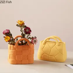 Creative Woven Handbag Vase Ceramic Flower Pots Decorative Flower Arrangement Desk Decoration Ornaments Crafts Floral Vases