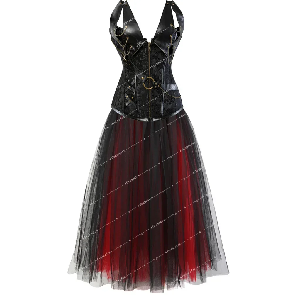 

Корсетная юбка в стиле стимпанк, сексуальное кожаное бюстье, корсаж, корсеты с лямкой на шее и застежкой-молнией, костюмы для танцевальной вечеринки, пиратский наряд