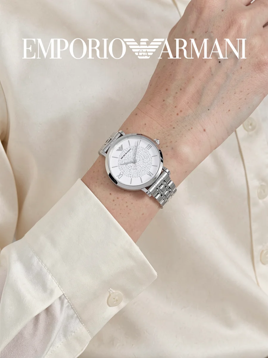 Armani AR1925 Ladies Wristwatch Silver Tone Full Paved Crystal Roman Dial Metal Bracelet Quartz Anniversary Gift