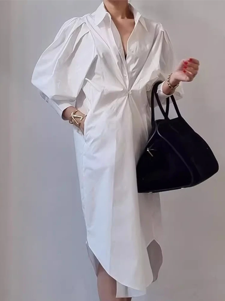 Tannt damska sukienka asymetryczna latarnia rękaw w paski koszula w stylu vintage sukienki z długim rękawem moda białe niebieskie długie sukienki 2025