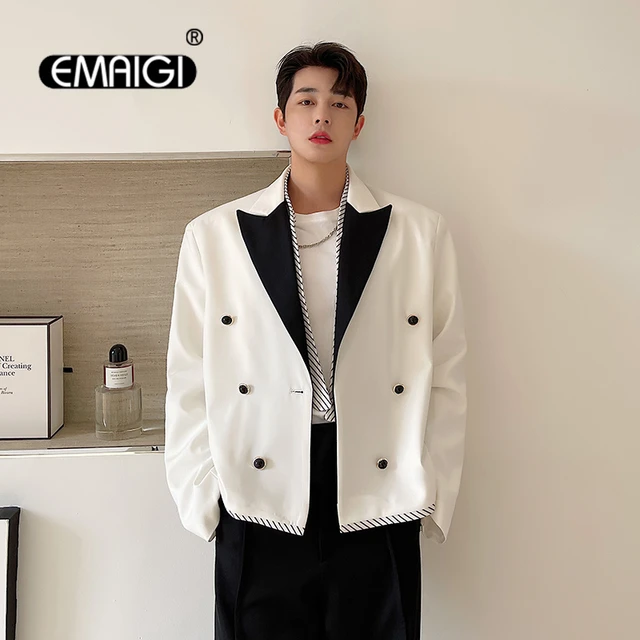 Men s Black White Contrast Color Splice Loose Casual Vintage Short Blazers Suit Jacket Male Niche Korean Suit Coat Women Blazers AliExpress
