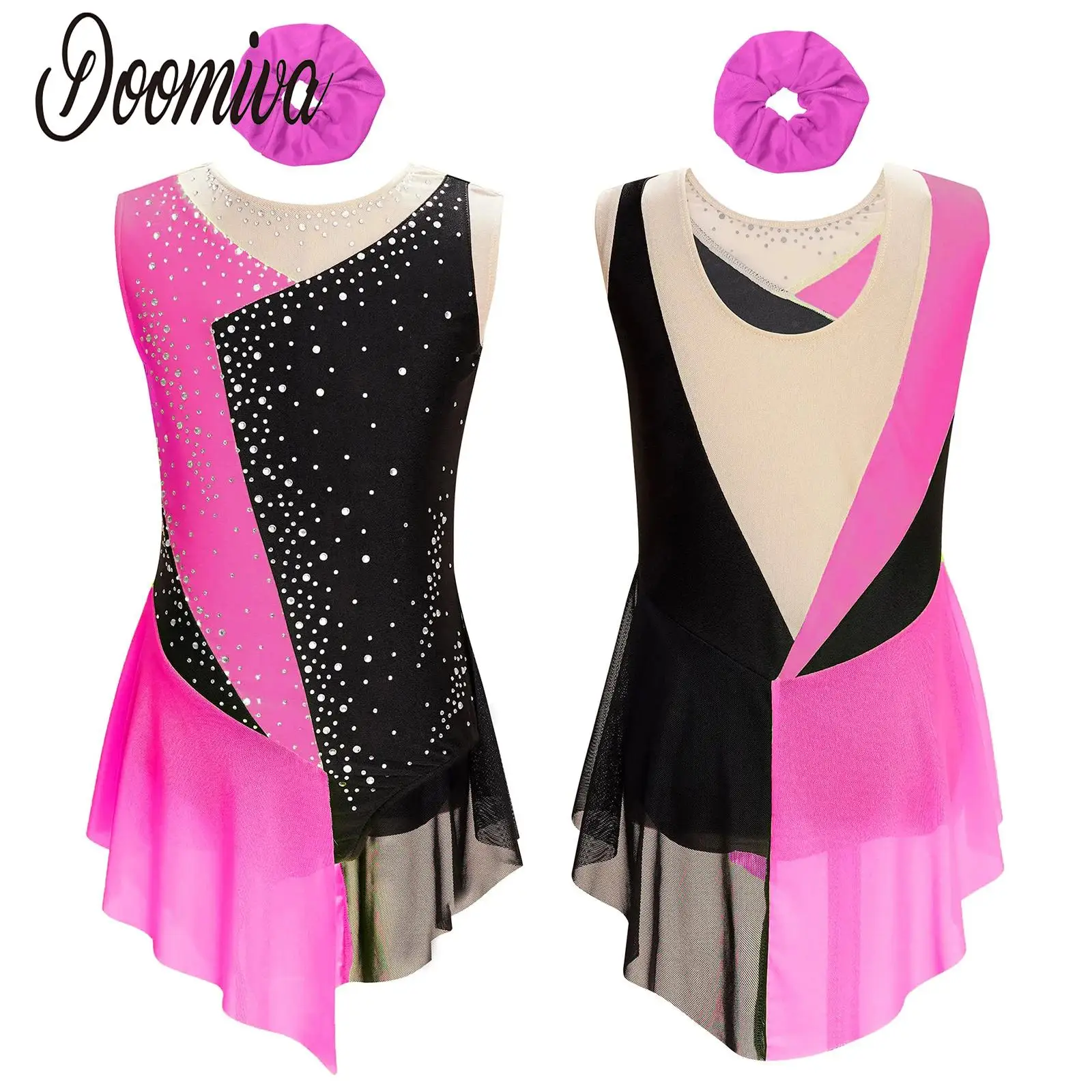 

Girls Figure Ice Skating Dress Dance Lyrical Sleeveless Patchwork Bodysuit Sheer Mesh Skirts Ballet Gymnastics Leotards Dresses