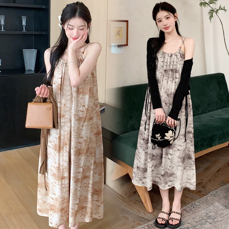 

2024 Summer Long Loose Maternity Dresses Sleeveless Tie-dyed Dress Drawstring Strap Dresses for Pregnant Woman Holiday Clothes