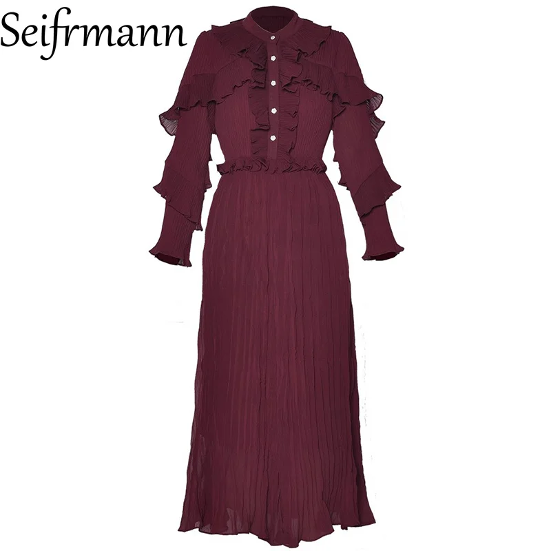 Seifrmann round neck ruffled long sleeved pleated princess style dress 2025 autumn collection